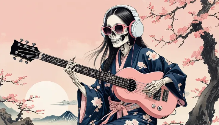 A female skeleton with long hair wearing a gorgeous kimono, Light pink lens sunglasses, Katsushika Hokusai, Ink Painting, Japanese style headphones, Playing a Japanese-style bass guitar, Modern ukiyo-e style