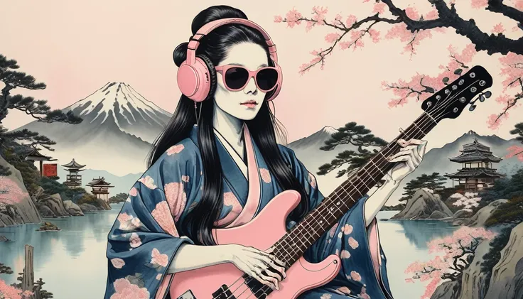 A female skeleton with long hair wearing a gorgeous kimono, Light pink lens sunglasses, Katsushika Hokusai, Ink Painting, Japanese style headphones, Playing a Japanese-style bass guitar, Modern ukiyo-e style