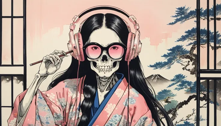 A female skeleton with long hair wearing a gorgeous kimono, Light pink lens sunglasses, Katsushika Hokusai, Ink Painting, claw pose, Japanese style headphones, head shot, Modern ukiyo-e style