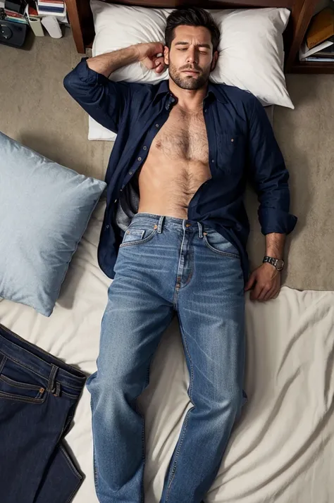 a man is sleeping on the floor , wearing a open shirt and a jeans, left hand is on his chest, right hand is on the floor