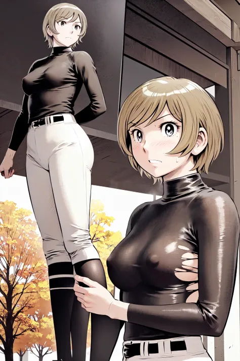 (野球uniform:1.2),
Blonde, (short hair:1.2),Long sleeve, Black Shirt, turtleneck,White trousers、uniform、Black belt、((Illustration of a person))、big 、
View your viewers,, (Highest quality:1.3),One Girl, White pants、uniform、Outdoor、baseball ground、ground、soil、...