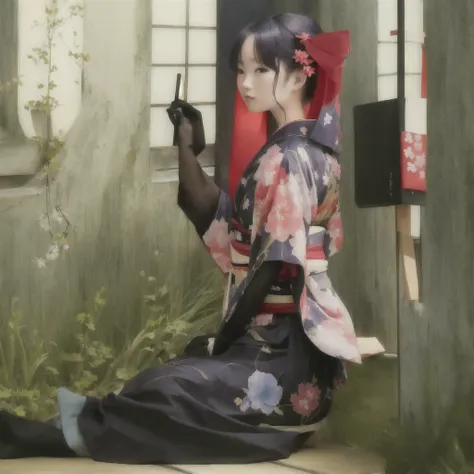 anime girl in kimono outfit sitting on floor with umbrella, in a kimono, in kimono, Anime girl crouching, wearing kimono armor, wearing a kimono, Inspired by Sukenori Nishikawa, Inspired by Otake&#39;s bamboo leaves, wearing kimono, japanese kimono, kimono...