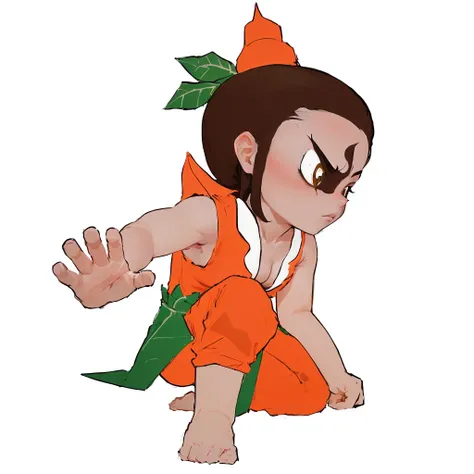 cartoon of a woman in orange outfit kneeling down with a green leaf on her head, fight pose, fighting pose, in a fighting pose, fighting game character, akira from chinese mythology, in orange clothes) fight, fighter pose, in a fighting stance, martial art...