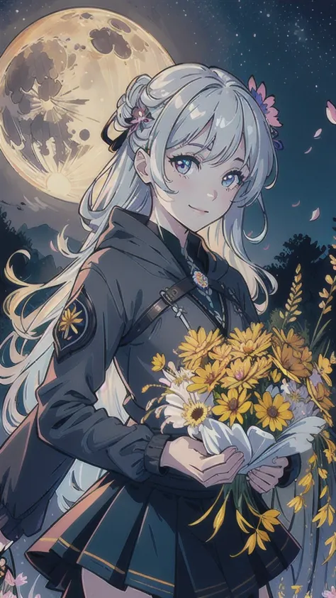 masterpiece, Highest quality,
One girl, (colorful),(Beautifully detailed eyes and face),cinematic Lighting,Bust Shot,Highly detailed CG Unity 8k wallpaper,Gray Hair,alone,smile,Complex skirt,((Flying petals)),(Flowery meadow)
null, cloudy_null, building, m...