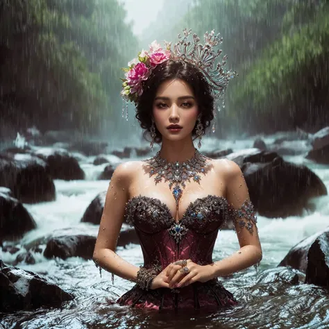 arafed woman in a corset and a crown in a river, beautiful fantasy maiden, fantasy woman, closeup fantasy with water magic, karol bak uhd, beautiful maiden, nature goddess, fantasy photography, gorgeous woman, beautiful fantasy portrait, portrait of a dark...