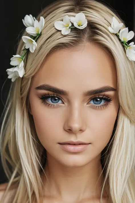 Create a white blondechiablack eyes with flowers