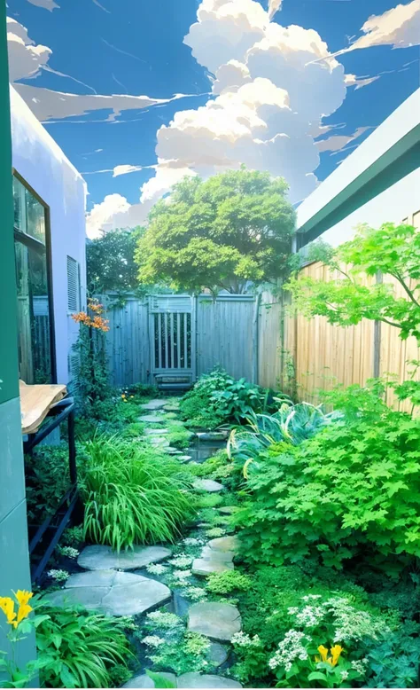 There is a painting，The painting shows a stream flowing through a garden, In the anime painter studio, Realistic garden, backyard, Produced in collaboration with Anime Painter Studio, overgrown garden environment, Anime Background Art, garden environment, ...