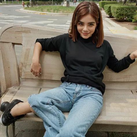 black sweater, medium bust, denim pants, smiling, flirty face, sitting on a park bench