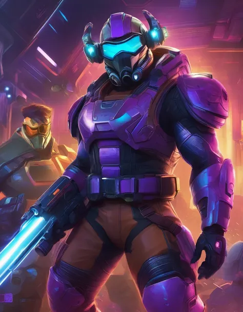 拿着枪的机甲man卡通形象,man，头部是一个man，Wear cool futuristic glasses and fight monsters，Doomman is similar to Buzz Lightyear, 在fighting，Wearing purple-blue armoght，sideways，In the War，Character art相反, Valgaat style, 官方Character art, Ray Punk, Duke Nukem Art Style, Usin...