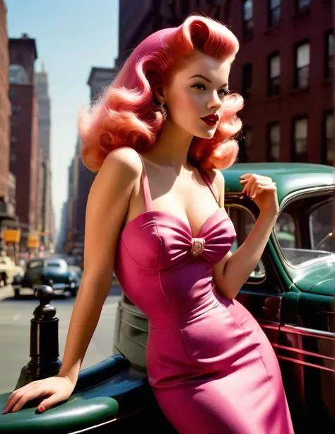 very attractive 25 year old girl with long bright pink hair, In this sultry portrait, Betty dazzles in a 1940s Sailor Dress, emphasizing her thin hourglass figure and accentuated by a magnification of 1.5. Her face, with highly detailed features magnified ...