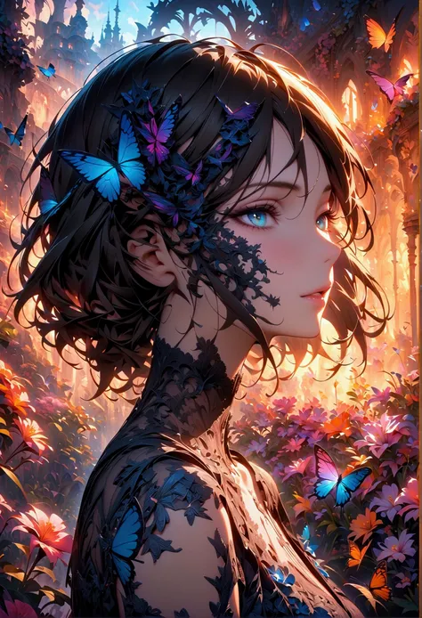 (masterpiece, Top quality, best quality, Official Art, beautiful and aesthetic:1.2), (1 girl), Double tail, Extremely detailed,(Fractal Art:1.3),Colorful,The most detailed,Upper Body, [Lace],[Jewelry],[flower],[[Butterfly]],