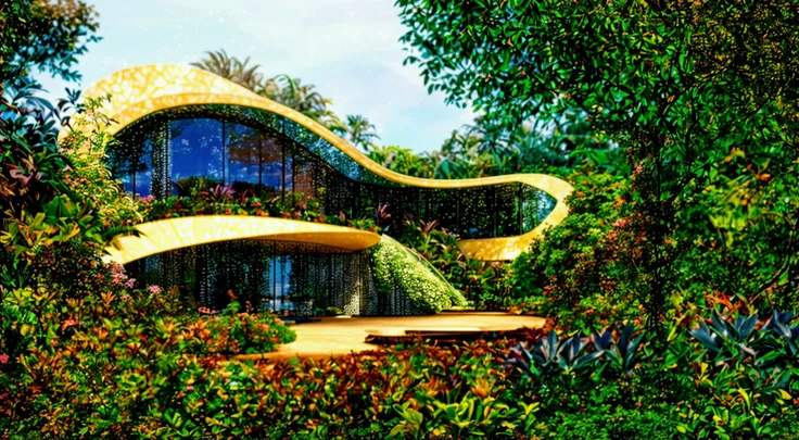 Amidst the breathtaking expanse of a lush, flourishing garden lies a futuristic abode, radiating beauty and advanced design. Surrounded by an array of vibrant blossoms and verdant foliage, this home stands as a testament to a harmonious marriage between na...