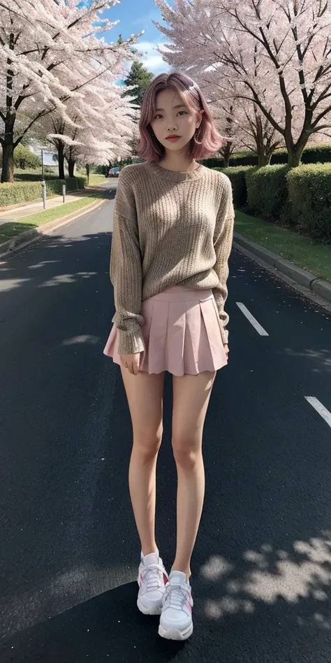 masterpiece, best quality, ultra-detailed, illustration, wide angle, 1girl stand in the middle of road, solo, road in the middle and pink cherry trees on roadside, full body, 20 yo, pink hair, sweater, short skirt, fashion,, composition, balance, harmony, ...