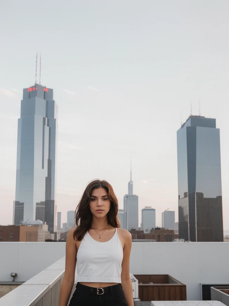 a photo of a woman on a rooftop with the skyline in the background, (((infinite focus))), the shot is wide and long
