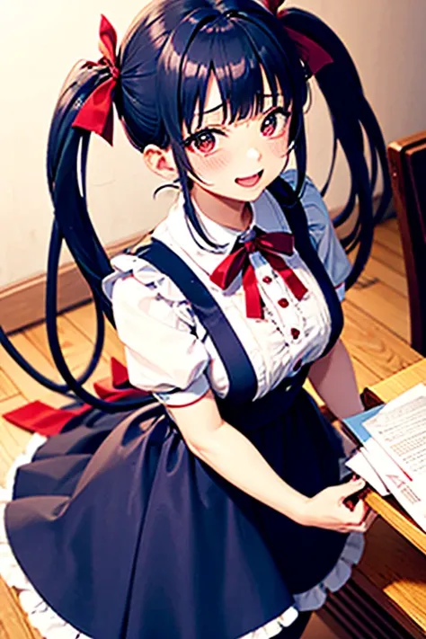 One adult woman,hair_Navy Blue,Twin tails,big tail,Cafe Waitress,apron,eye_pink,Lolita Fashion_red,uniform_red,one piece,ストライプribbon,Frills,ribbon,Laughter,red面,Big 