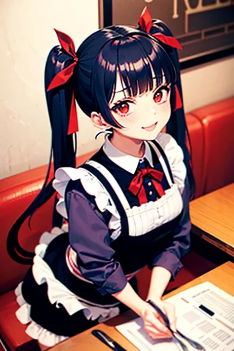 One adult woman,hair_Navy Blue,Twin tails,big tail,Cafe Waitress,apron,eye_pink,Lolita Fashion_red,uniform_red,one piece,ストライプribbon,Frills,ribbon,Laughter,red面,Big 