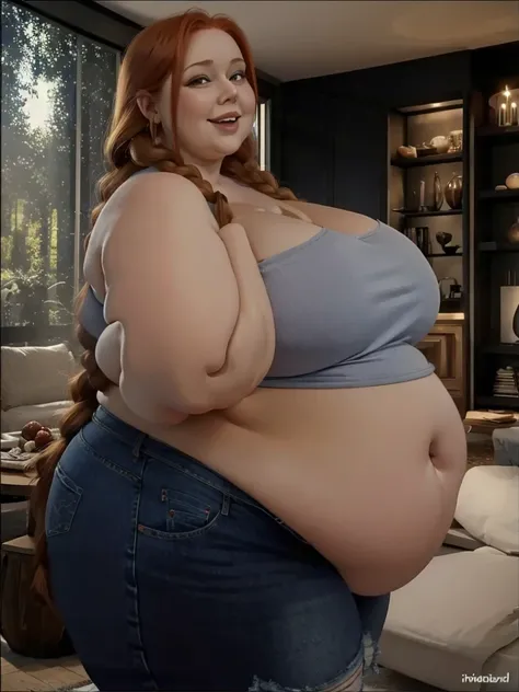 A happy, sidewiev photo of a young redhead ssbbw with long braided ginger hair, very very Huge soft hanging fat belly, very obese fat arms, huge  butt, cute pretty face, fat huge breasts in a summer top and jeans, holding her belly in a modern livingroom