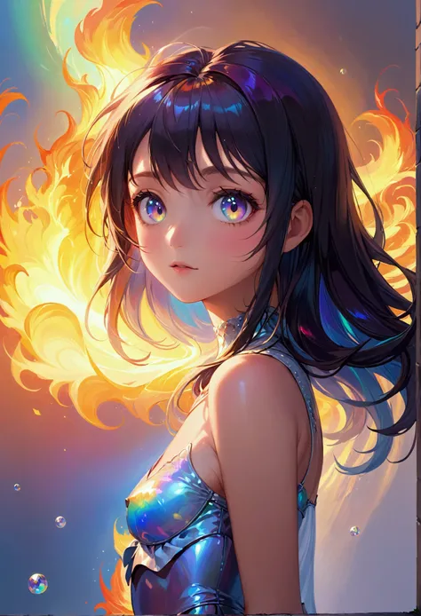 (masterpiece), best quality, expressive eyes, perfect face, Girl,long dark iridescent hair, iridescent eyes, small waist, medium chest, large thighs