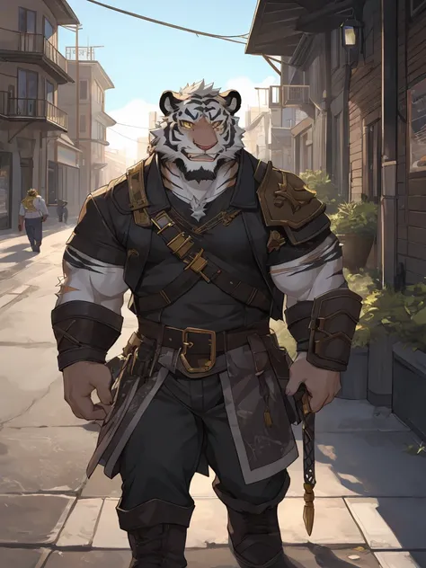 White Tiger,Orcs，Gold pattern,Scar on left eye，The left pupil is black，Right eye pupil，Smiling on the street