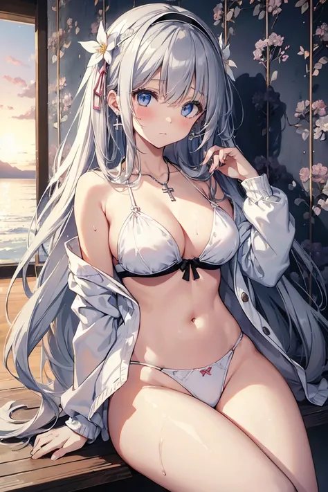 ((girl kawaii)), a extremely delicate and beautiful girl, beautifully painted, cute, sense of digital, best detailed girl, lying on the lake, wet, girl, young, long hair blown up, Hair with flower, (grey hair), cute face, embarrassed, complex details beaut...