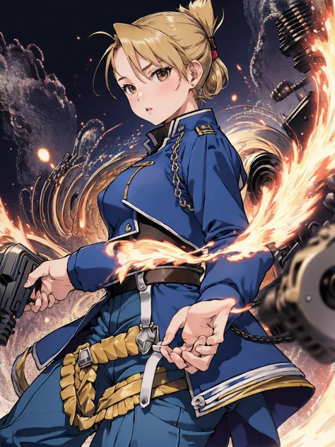 masterpiece, Highest quality, High resolution, One girl, (Crouch down and aim your handgun), Folded ponytail, Brown eyes, , (uniform, Blue jacket, Blue pants), ,Big Breasts, 
