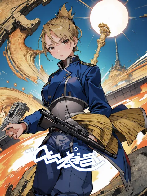 masterpiece, Highest quality, High resolution, One girl, (Crouch down and aim your handgun), Folded ponytail, Brown eyes, , (uniform, Blue jacket, Blue pants), ,Big Breasts, 
