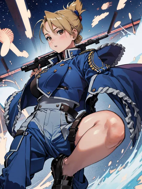 masterpiece, Highest quality, High resolution, One girl, (Crouch down and aim your handgun), Folded ponytail, Brown eyes, , (uniform, Blue jacket, Blue pants), ,Big Breasts, 
