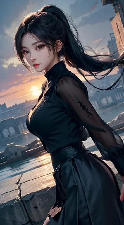 Long eyelashes, Solid round eye,  Ponytail, Hair is black and shiny, black eyes，Exquisite face, Surrealism, trace, Relief, Stereogram,  Viewing angle, 大气Viewing angle, 8K, Super Detail, precise, best quality，1 Girl，Strong breasts，Black long skirt