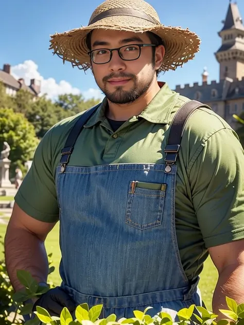 crew cut, (((full body))), (((landscape))), mature man, [slightly fat], asian man, rounded face, brown eyes, ((rounded face)), glasses, balding, 1boy, Solo, (big shoulders), (((stubbles, Short beard))),luigi, mustache, green shirt, overalls, green hat, whi...