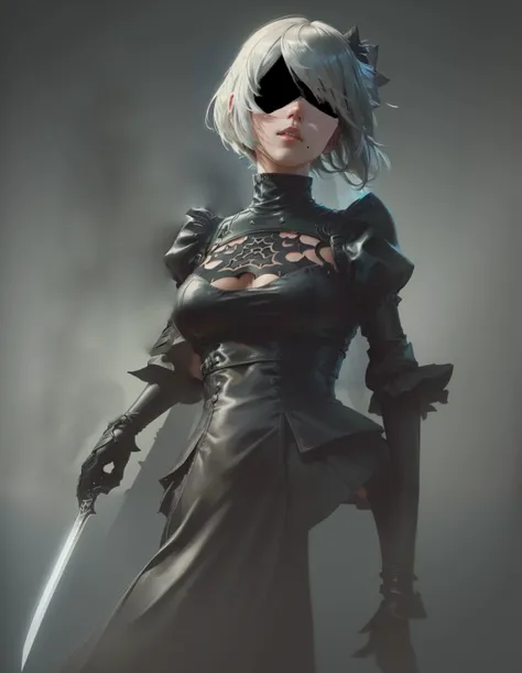 Anime girl with long samurai sword and black outfit posing for a photo、2B Nier オートマトン、Nier:Automaton Inspired、Nier オートマタ インスパイア、Nier オートマタの 2 B、Nier オートマタの 2b、2 b、Nier インスパイアー、Nier 2 b、Bad anime 8k、Nier、Female Assassin、8k high quality detailed art