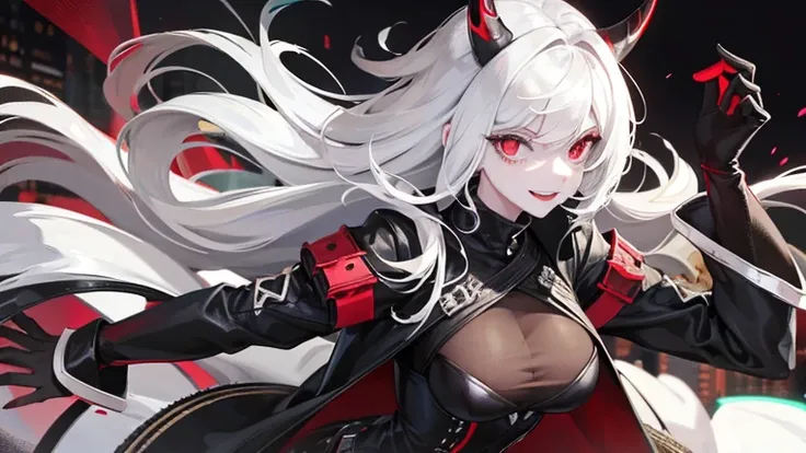 Girl, white hair, have black horn, goth Clothes, wallpaper in city, scary smile, scary red eyes