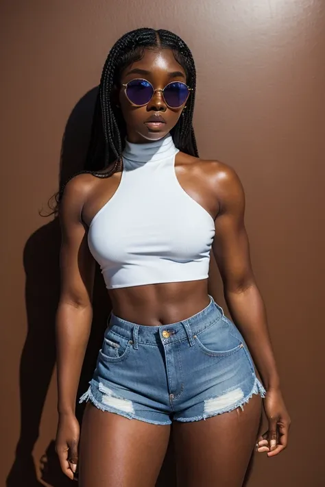 melanin, a woman, [cleavage|curvy|big ass|skinny], wearing white turtle neck crop top, wearing denim blue shorts, wearing dark shades glasses. make it very realistic