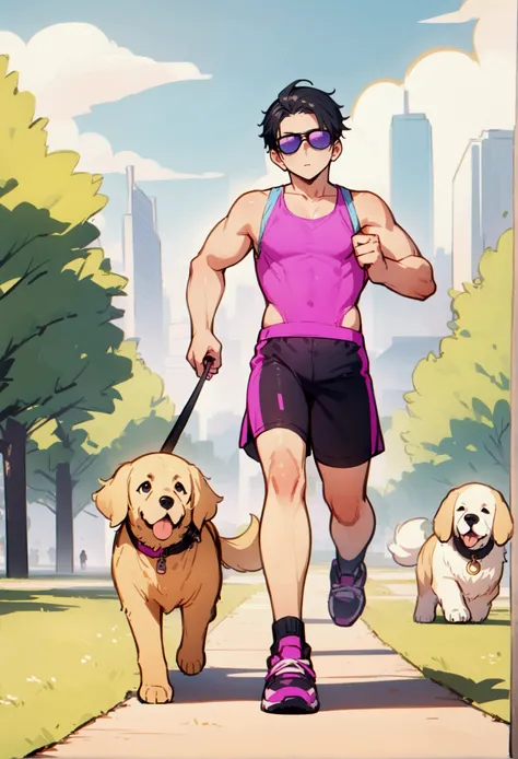 best quality, masterpiece, 8K, HD, young man, wearing neon colored sports tank top and tight booty shorts, wearing stylish sunglasses, jogging while holding two dogs on leashes, a big black dog and a golden retriever in front of him, in a park, metropolita...