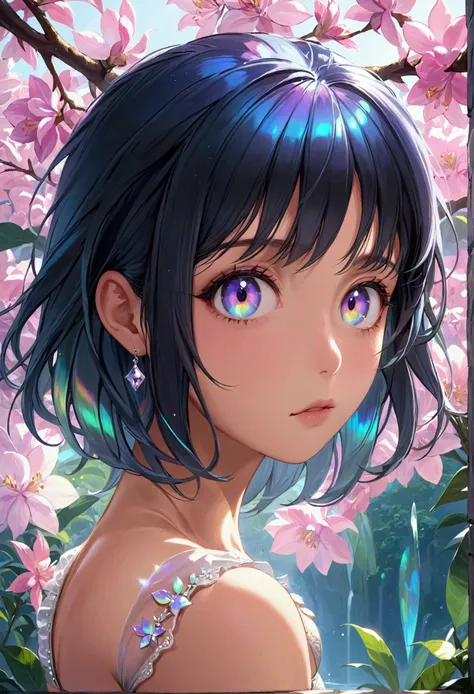 (masterpiece), best quality, expressive eyes, perfect face, Girl,long dark iridescent hair, iridescent eyes, small waist, medium chest, large thighs