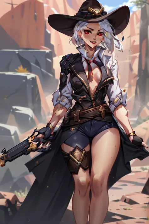 (Masterpiece, Best Quality),
Ashe de Overwatch, by white, Red eyes,  affected smile, presumed,  Black cowboy hat, Red lipstick, ash perspiration, legs open, naked, completely naked, nipples, bare chest, unclothed, NSFW