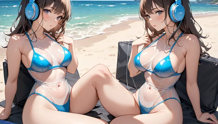 ((Top Quality)), ((Masterpiece)), ((Details)), perfect face, perfect body, sitting by the beach, listening to music, wearing headphones, wearing swimsuit, transparent swimsuit, wearing clothes exposing tight hips and breasts Woman with face visible, sittin...