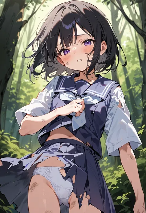 beautiful detailed girl,(masterpiece,best quality,extremely detailed:1.2),((cowboy shot:1.1)),(solo,10 years old,kawaii,slender,small breasts:1.25),(pained look:0.8),((white underwear) in ((Torn school uniform)):2),(dirty:2),blush,shy,weep,standing,(deep f...