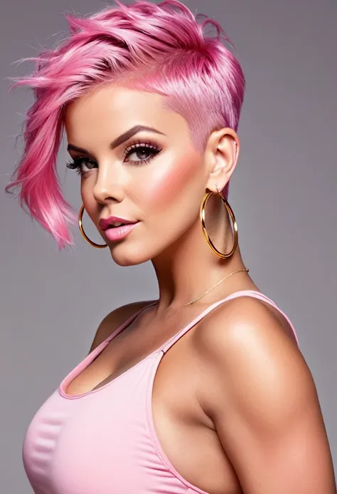 pink sexy fitness bimbo, 32 years old, bubble butt, buzz cut short pink pixie hair, big golden hoop earrings