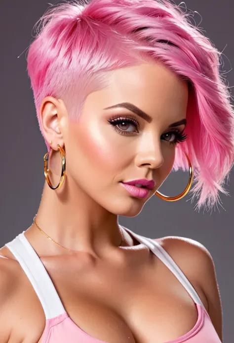 pink sexy fitness bimbo, 32 years old, bubble butt, buzz cut short pink pixie hair, big golden hoop earrings