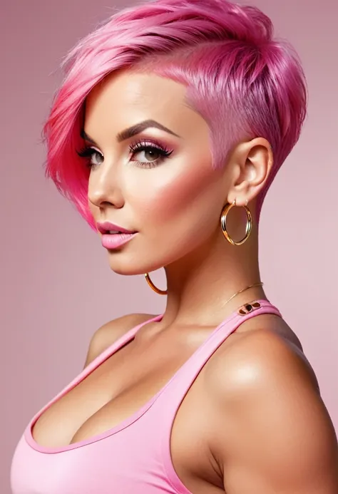 Pink sexy fitness bimbo, 32 years old, bubble butt, buzz cut short pink pixie hair, big golden hoop earrings