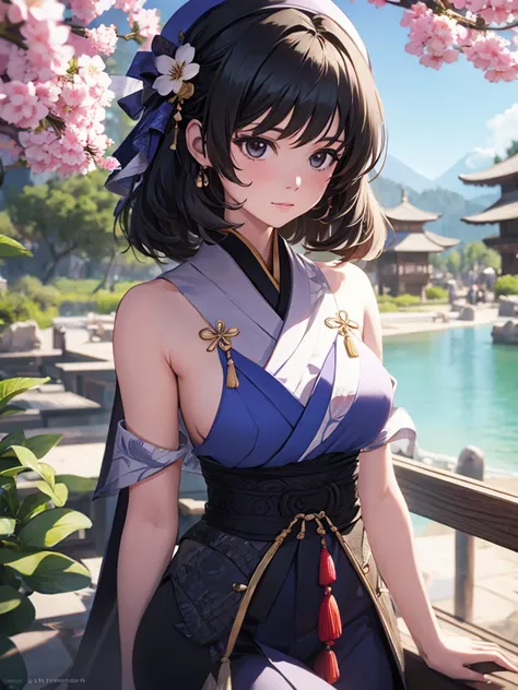 Yangyang from wuthering waves, 1woman, wearing a long Japanese kimono with flowers art, at a japan village, black colour hair style, 8k, high detailed, high quality