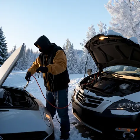 Extremely high image quality，real，photography，Realistic details，A hooded man and two cars with their hoods open, User Photos, accurately depicted, User Photosture，A clamp on the car battery，Man holding a clip，Connect two cars with two wires，One car charges...