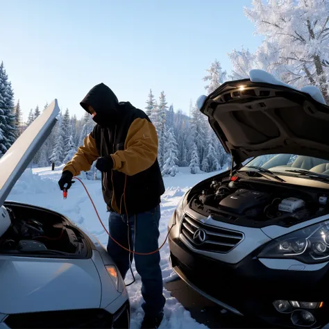 Extremely high image quality，real，photography，Realistic details，A hooded man and two cars with their hoods open, User Photos, accurately depicted, User Photosture，A clamp on the car battery，Man holding a clip，Connect two cars with two wires，One car charges...