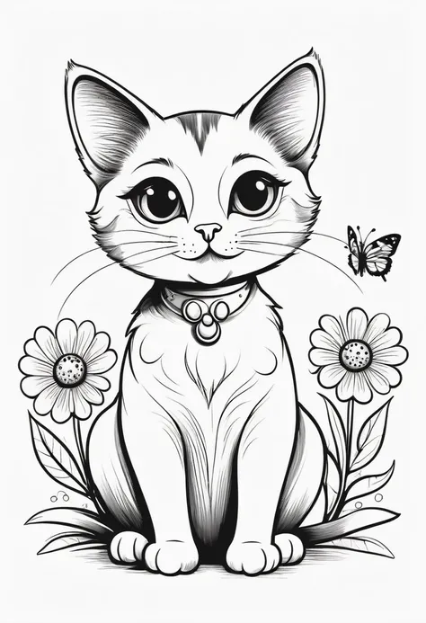 a delightful black and white line art and straightforward illustration of an adorable cat with oversized expressive eyes. the ca...