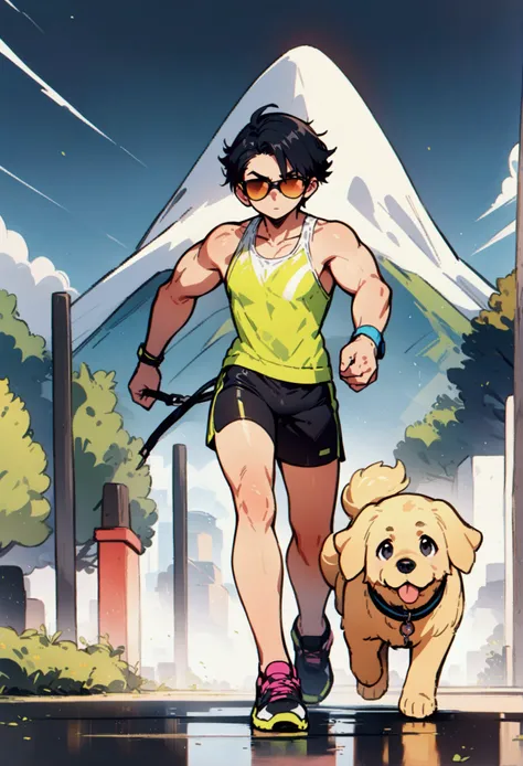 shounen art style, best quality, masterpiece, 8K, HD, young man, wearing neon colored sports tank top and tight booty shorts, wearing stylish sunglasses, jogging while holding two dogs which are a black puppy and a golden retriever puppy in front of him on...