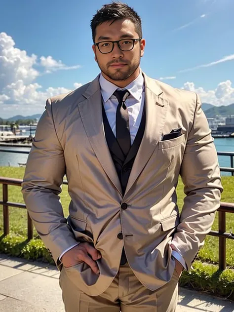 crew cut, (((full body))), (((landscape))), mature man, [slightly fat], asian man, rounded face, brown eyes, ((rounded face)), glasses, balding, 1boy, Solo, (big shoulders), (((stubbles, Short beard))),Cold expression，White suit suit，Hands in pockets，The A...