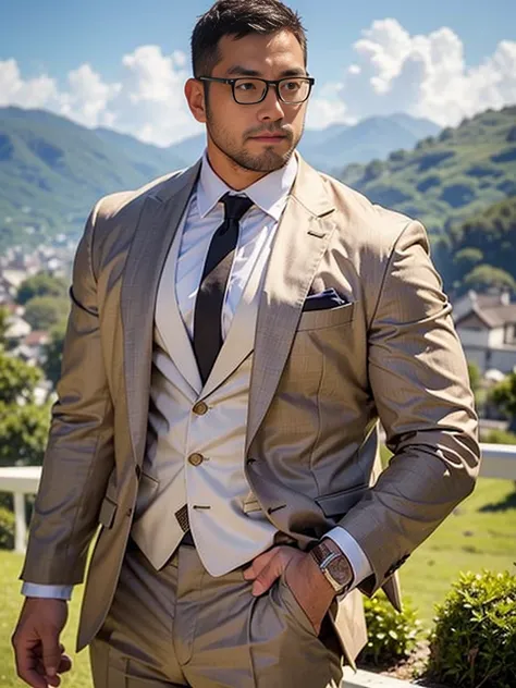 crew cut, (((full body))), (((landscape))), mature man, [slightly fat], asian man, rounded face, brown eyes, ((rounded face)), glasses, balding, 1boy, Solo, (big shoulders), (((stubbles, Short beard))),Cold expression，White suit suit，Hands in pockets，The A...