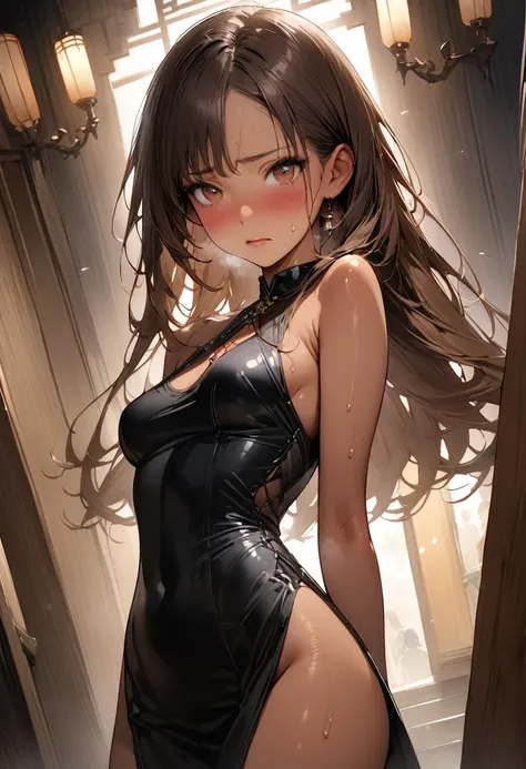 ((masterpiece,Highest quality:1.3,best quality illustration,realistic:1.3)),cowboy shot,独奏,1woman,(Age 25、Japanese Beauty)、brown hair,long hair,center parted bangs,brown eyes,gorgeous eyes,((very small head:1.3)),shy,Heavy breathing,((very long body:1.2,sk...