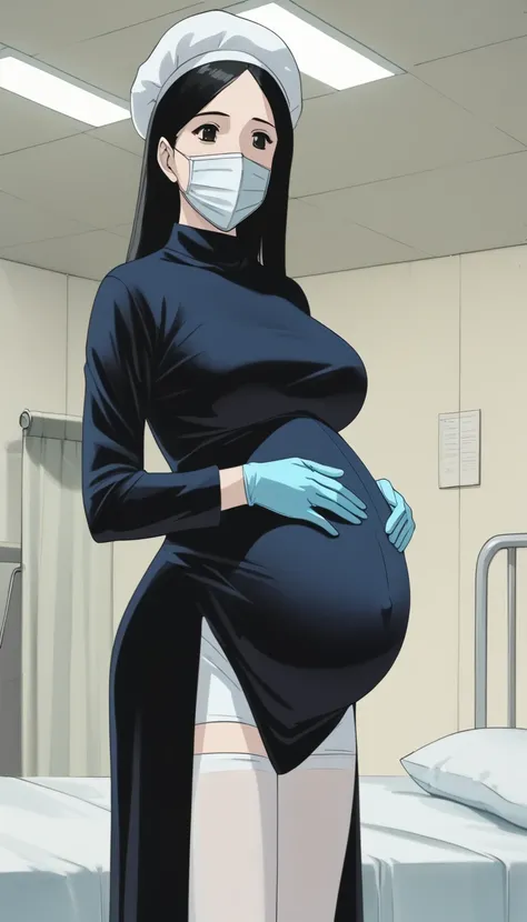 score_9,  score_8_up, score_7_up, source_anime, raw image, masterpiece, highest quality, kasuganoray, pale skin, shy eyes, long black hair, big breasts, scrubs, surgical mask, bouffant cap, long sleeve maternity dress, seamless, navel head, long white stoc...