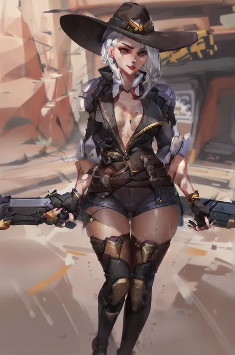 (obra maestra, mejor calidad),
ashe from overwatch, white hair, red eyes, smirk, smug, black cowboy hat, red lipstick, ash persp...